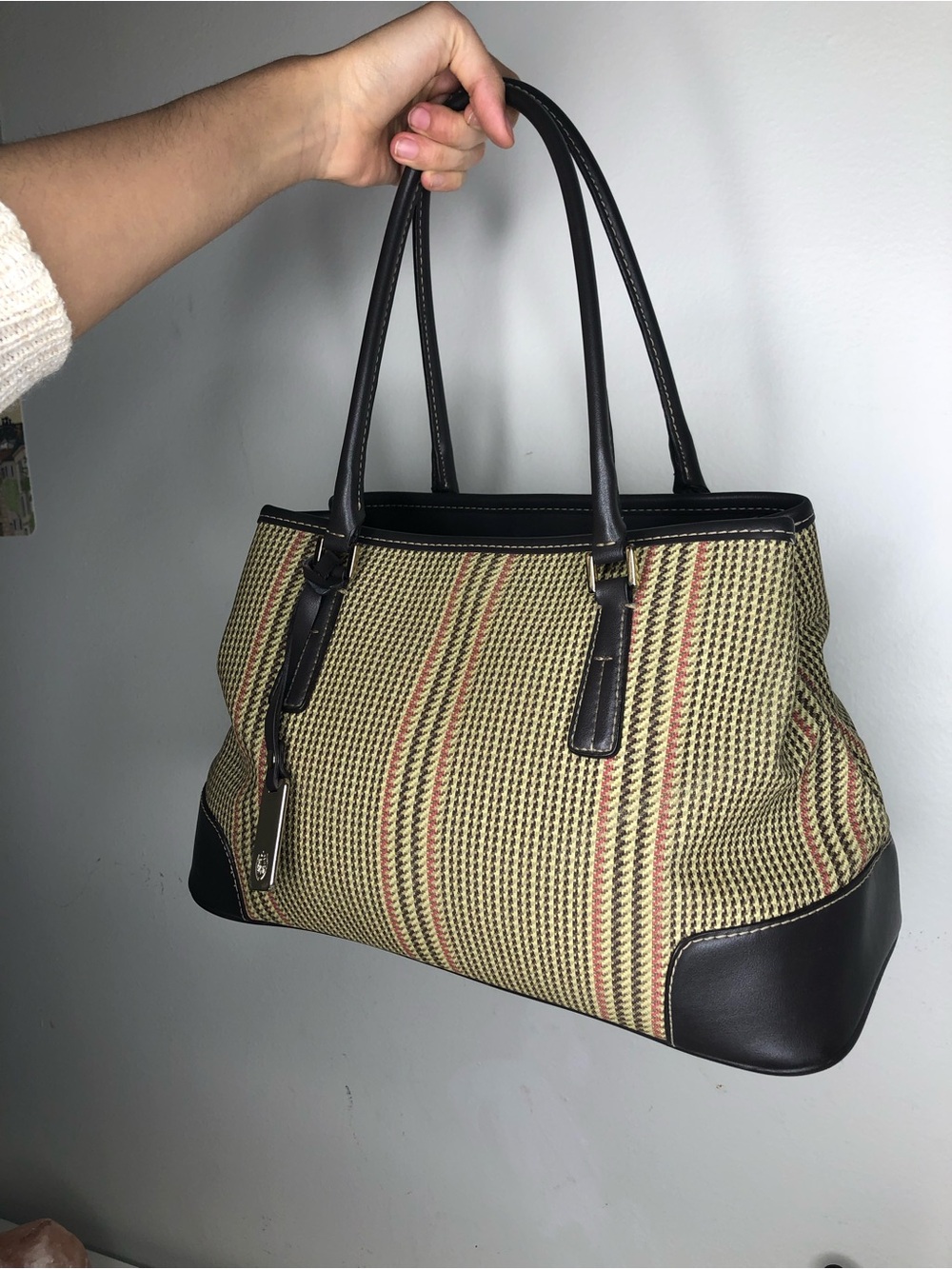 Vintage Stripe Hand Bag with Black Trim